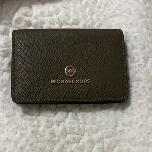 Michael Kors Olive Green Leather Card Case with Gold Logo